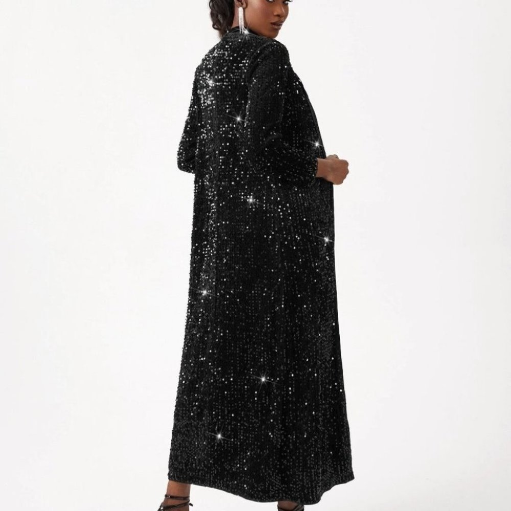 Preppy Womens black Open front Sequin Coat - Picture 2 of 5